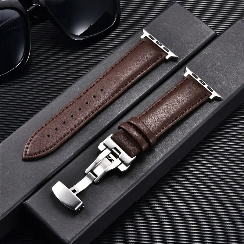 Leather Watchbands for Apple Watch 8 7 6 5 4 3 SE Butterfly Clasp Replace Wrist band 38mm 40mm 41mm 42mm 44mm 45mm band for Apple Watch