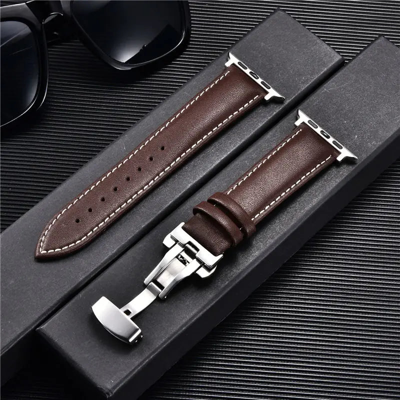 Leather Watchbands for Apple Watch 8 7 6 5 4 3 SE Butterfly Clasp Replace Wrist band 38mm 40mm 41mm 42mm 44mm 45mm band for Apple Watch