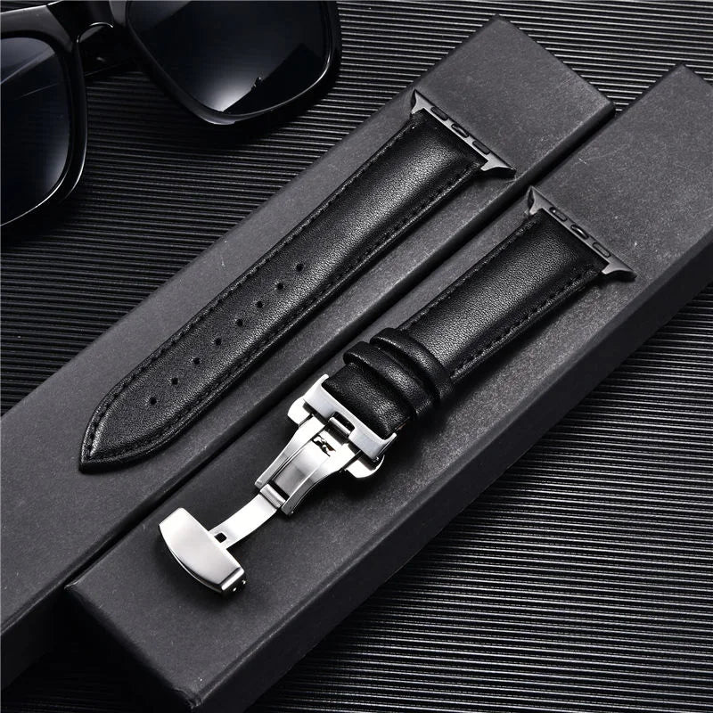 Leather Watchbands for Apple Watch 8 7 6 5 4 3 SE Butterfly Clasp Replace Wrist band 38mm 40mm 41mm 42mm 44mm 45mm band for Apple Watch
