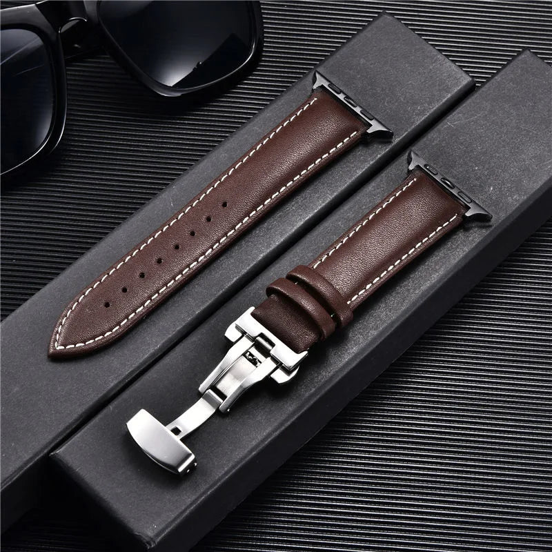 Leather Watchbands for Apple Watch 8 7 6 5 4 3 SE Butterfly Clasp Replace Wrist band 38mm 40mm 41mm 42mm 44mm 45mm band for Apple Watch