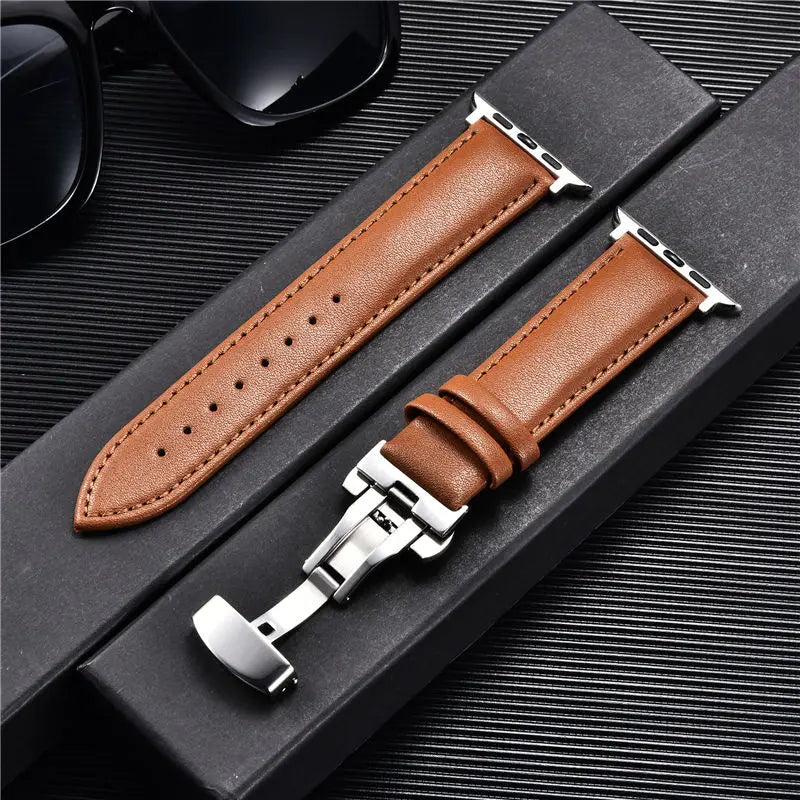 Leather Watchbands for Apple Watch 8 7 6 5 4 3 SE Butterfly Clasp Replace Wrist band 38mm 40mm 41mm 42mm 44mm 45mm band for Apple Watch