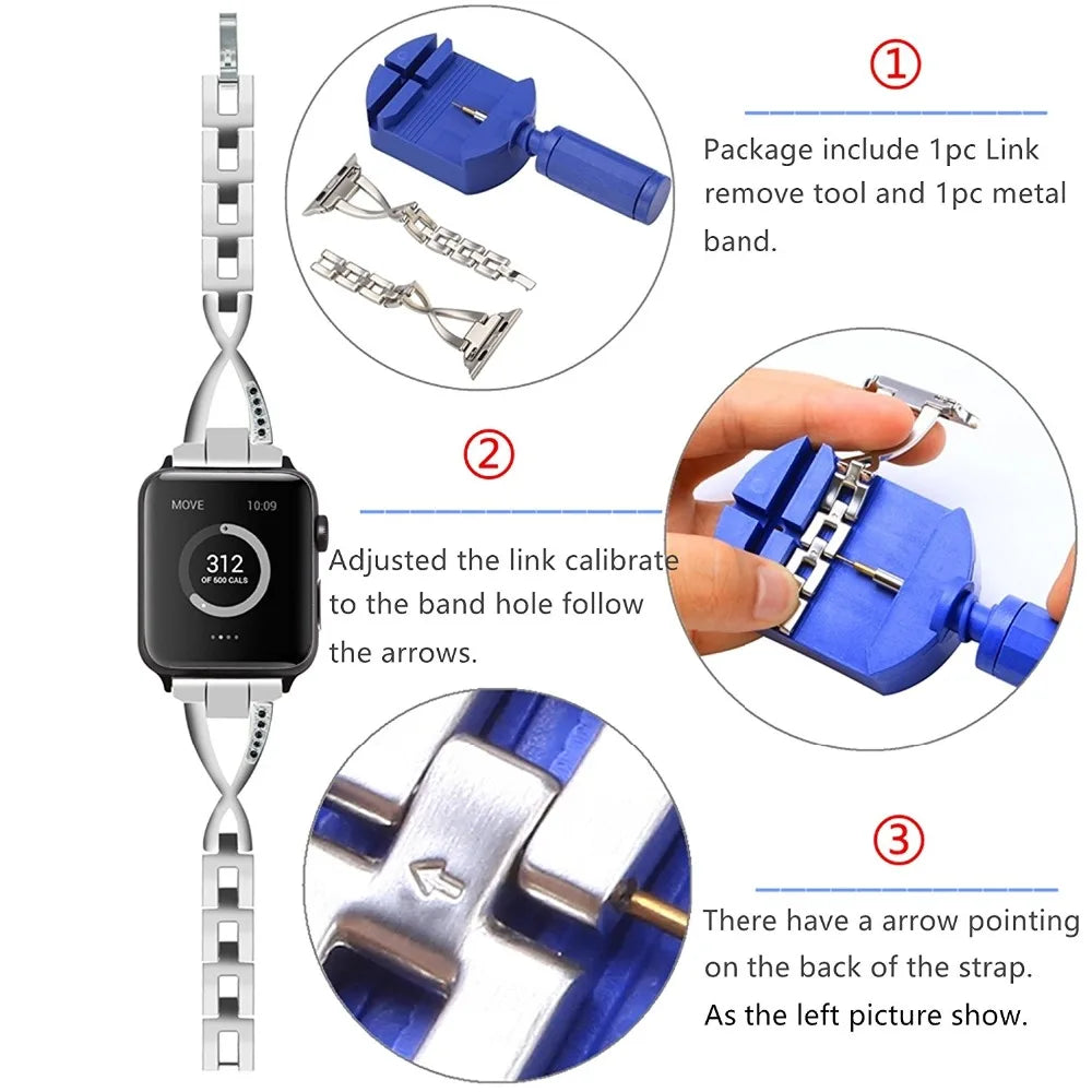Lady band for Apple Watch band 49mm 44mm 41mm 45mm 40mm Diamond Stainless Steel Correa For Apple Watch Ultra 2 Series 9 8 7 6 SE 5 3