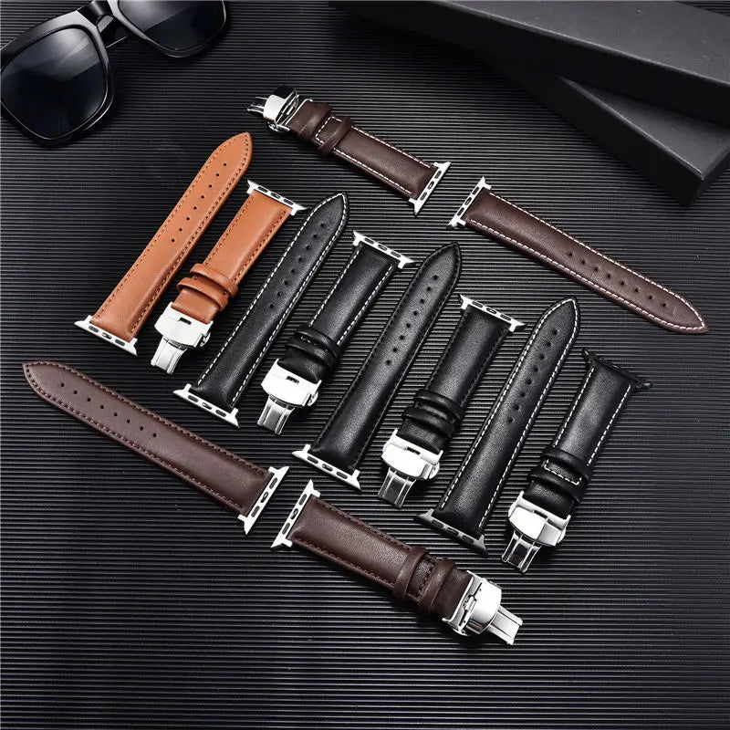 Leather Watchbands for Apple Watch 8 7 6 5 4 3 SE Butterfly Clasp Replace Wrist band 38mm 40mm 41mm 42mm 44mm 45mm band for Apple Watch