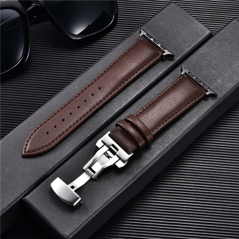Leather Watchbands for Apple Watch 8 7 6 5 4 3 SE Butterfly Clasp Replace Wrist band 38mm 40mm 41mm 42mm 44mm 45mm band for Apple Watch