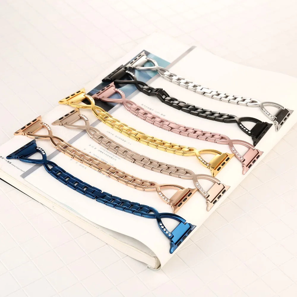 Lady band for Apple Watch band 49mm 44mm 41mm 45mm 40mm Diamond Stainless Steel Correa For Apple Watch Ultra 2 Series 9 8 7 6 SE 5 3