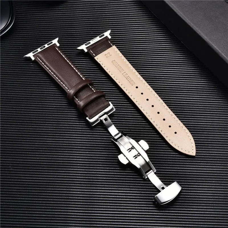 Leather Watchbands for Apple Watch 8 7 6 5 4 3 SE Butterfly Clasp Replace Wrist band 38mm 40mm 41mm 42mm 44mm 45mm band for Apple Watch