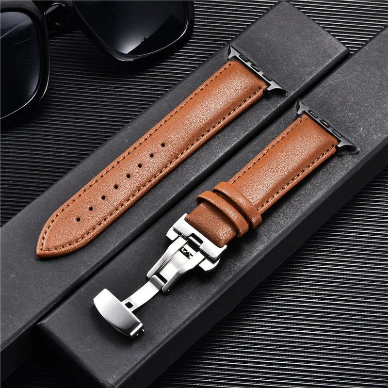 Leather Watchbands for Apple Watch 8 7 6 5 4 3 SE Butterfly Clasp Replace Wrist band 38mm 40mm 41mm 42mm 44mm 45mm band for Apple Watch