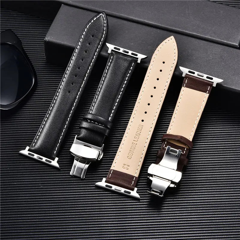Leather Watchbands for Apple Watch 8 7 6 5 4 3 SE Butterfly Clasp Replace Wrist band 38mm 40mm 41mm 42mm 44mm 45mm band for Apple Watch