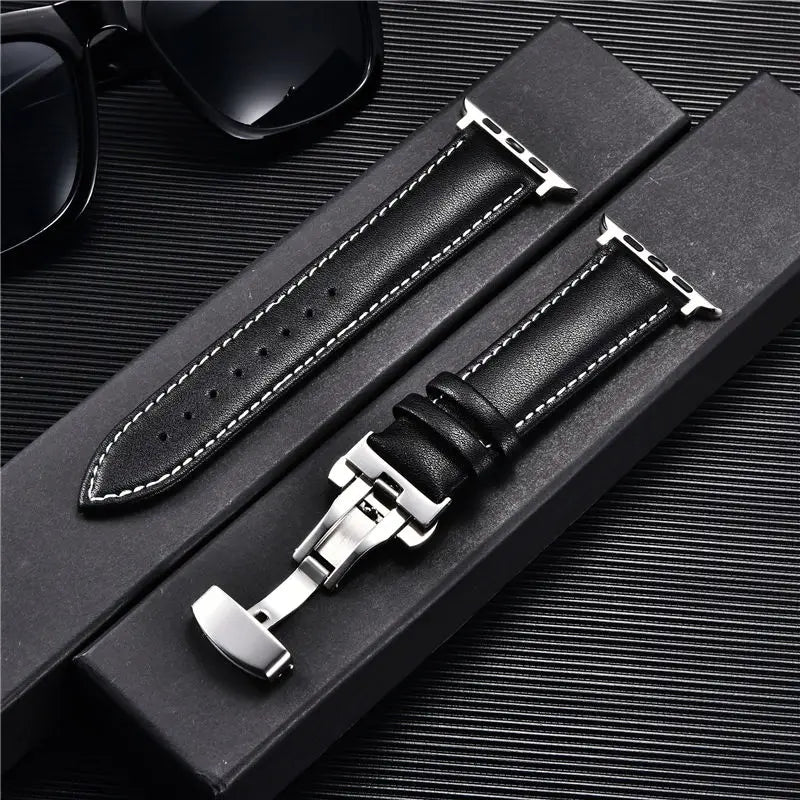 Leather Watchbands for Apple Watch 8 7 6 5 4 3 SE Butterfly Clasp Replace Wrist band 38mm 40mm 41mm 42mm 44mm 45mm band for Apple Watch