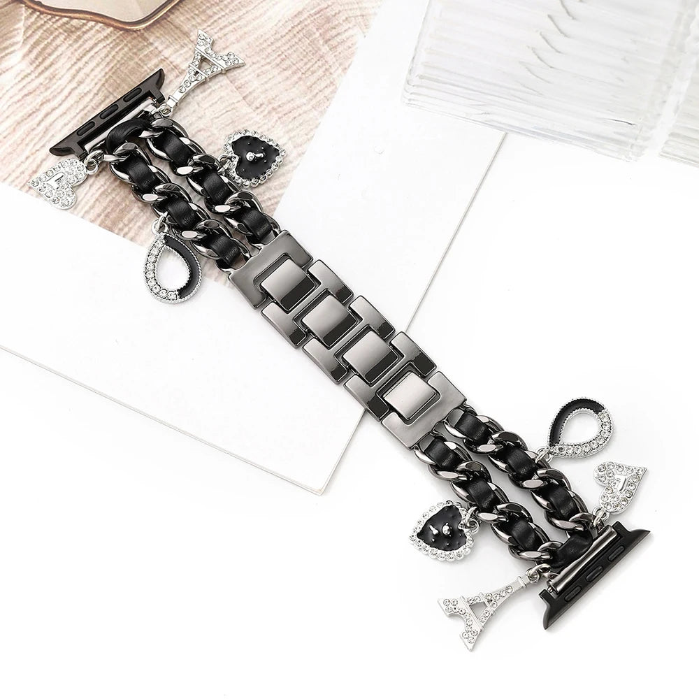 Stylish metal Charms Watch band Compatible with Apple Watch band 38mm 40mm 41mm 42mm 44mm 45mm 49mm Replacement band with Unique Pendants