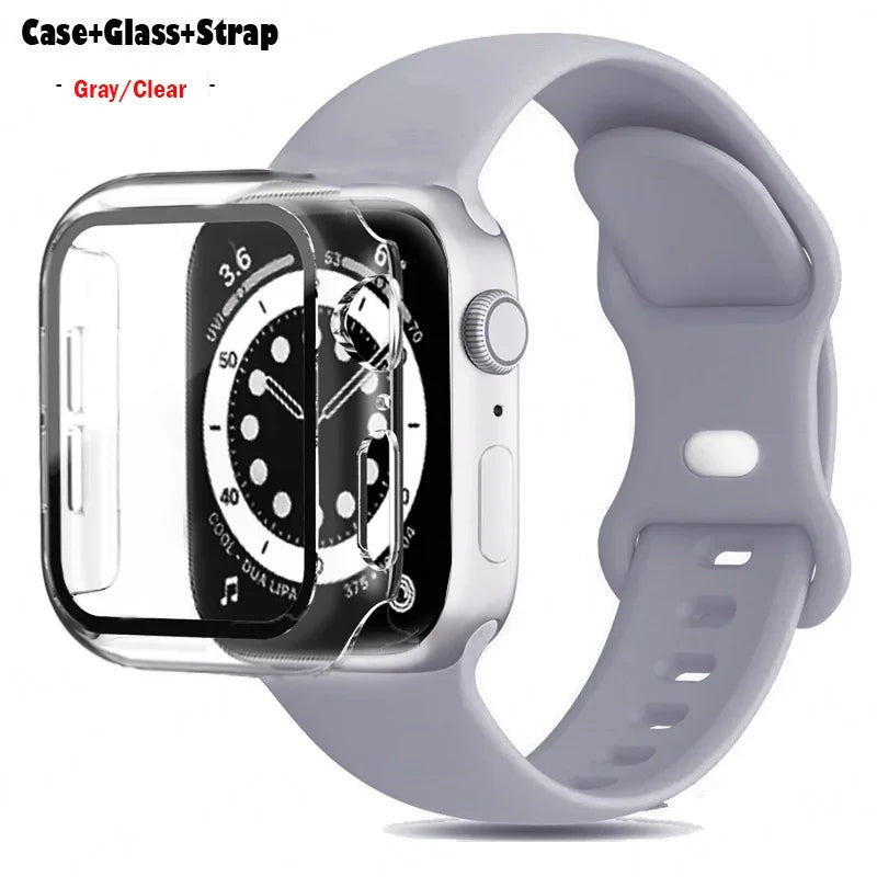 Glass+Case+band For Apple Watch band 44mm 40mm 45mm 41mm 38mm 42mm 44mm sport Silicone band Apple Watch Series 9 8 7 6 5 4 SE