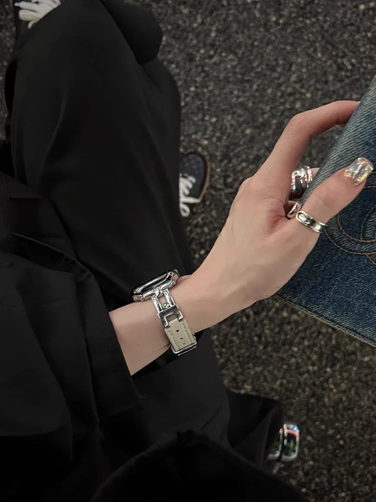 Luxury Leather band For Apple Watch Ultra 10 9 8 7 6 SE 5 4 Slim metal band For Apple Watch 38mm 40mm 42mm 44mm 45mm 46mm 49mm