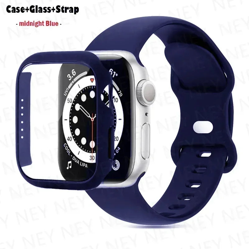 Glass+Case+band For Apple Watch band 41mm 44mm 38mm 42mm 45mm 40mm Silicone band Apple Watch serises 9 8 3 4 5 6 SE 7 watchbands