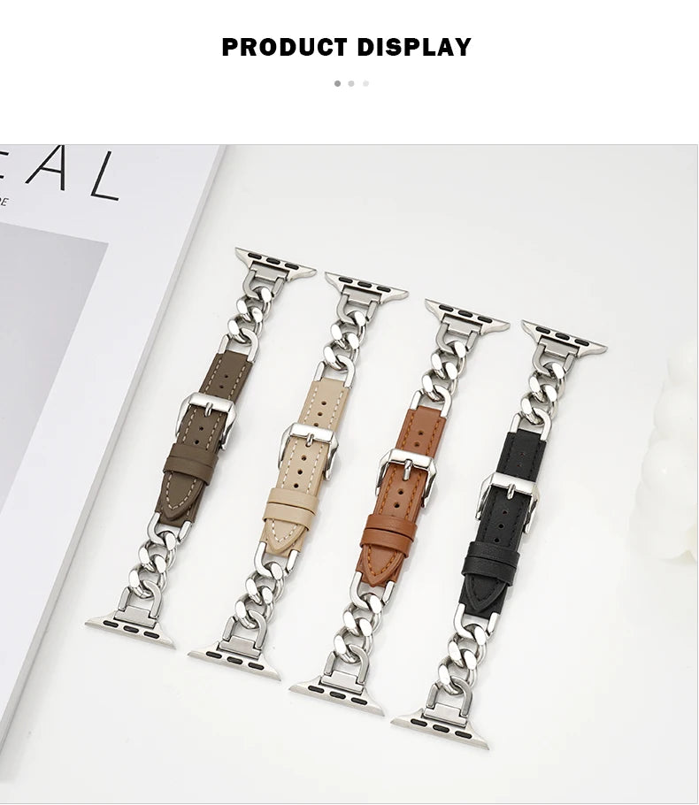 Leather band for Apple Watch 10 band 46mm 42mm 44mm 40mm 41mm 45mm Women Stainless Steel band Apple Watch Series 9 8 SE 7 6 Belt