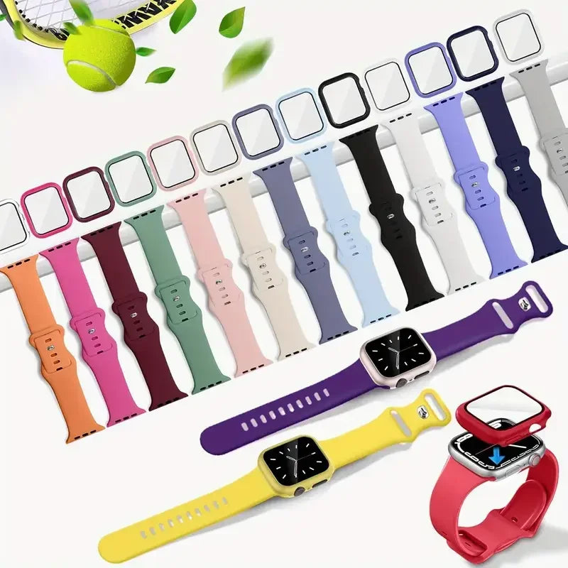 Glass+Case+band For Apple Watch band 41mm 44mm 38mm 42mm 45mm 40mm Silicone band Apple Watch serises 9 8 3 4 5 6 SE 7 watchbands