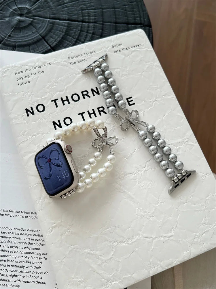 Luxury Diamond Bow band For Apple Watch Ultra Series 9 8 7 42mm 45mm 49mm Pearl Women band For Apple Watch 38mm 40mm 41mm 6 5 SE 4