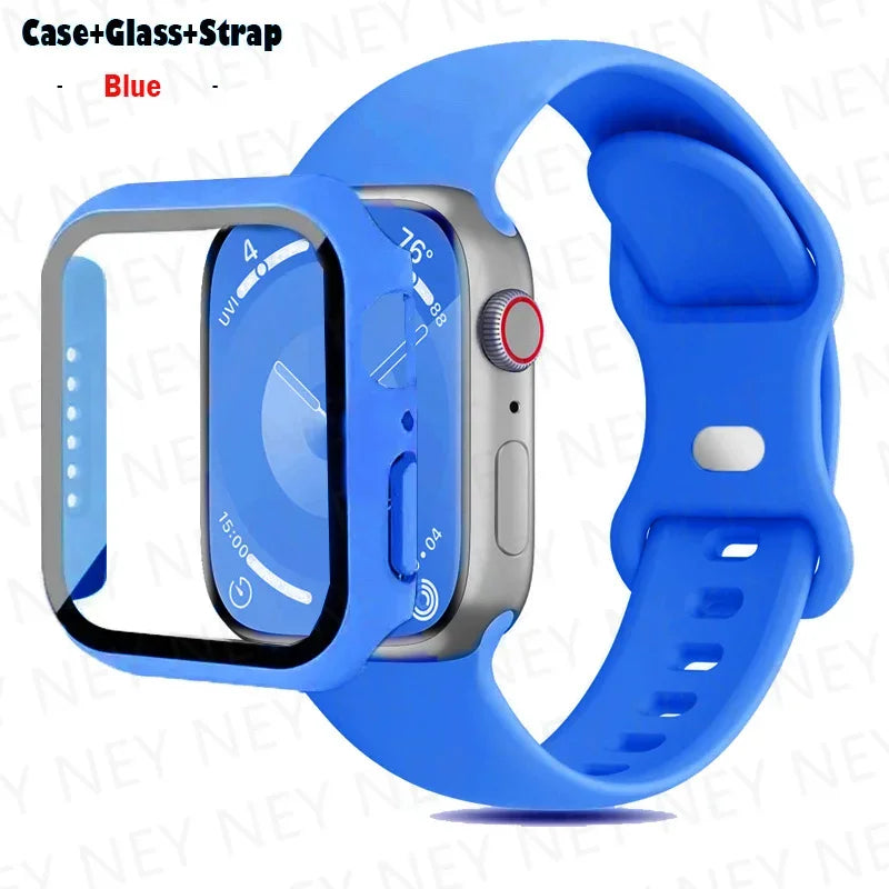 Glass+Case+band For Apple Watch band 44mm 40mm 45mm 41mm 38mm 42mm 44mm sport Silicone band Apple Watch Series 9 8 7 6 5 4 SE