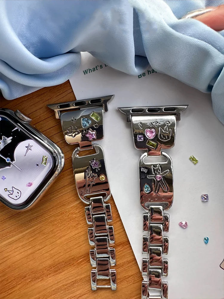 Cute Cat Glossy metal band For Apple Watch Ultra 10 9 8 7 42mm 45mm 46mm 49mm Diamond band For Apple Watch 38mm 41mm 6 5 SE 4