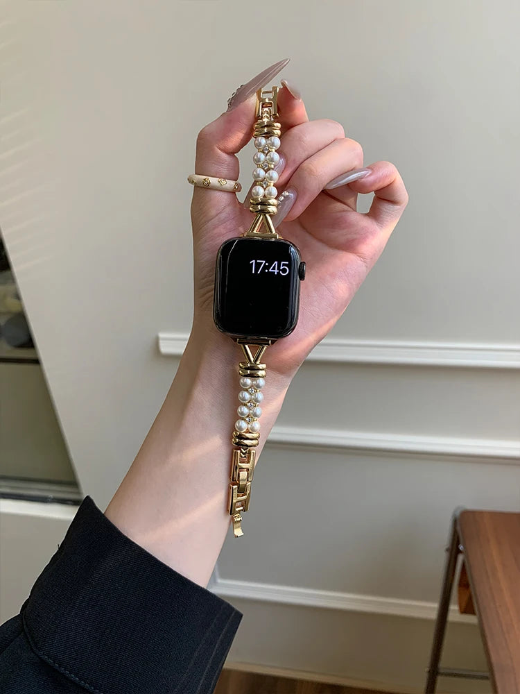 Luxury Pearl band For Apple Watch Ultra 10 9 8 7 6 5 4 Glossy metal band For Apple Watch 40mm 41mm 42mm 44mm 45mm 46mm 49mm