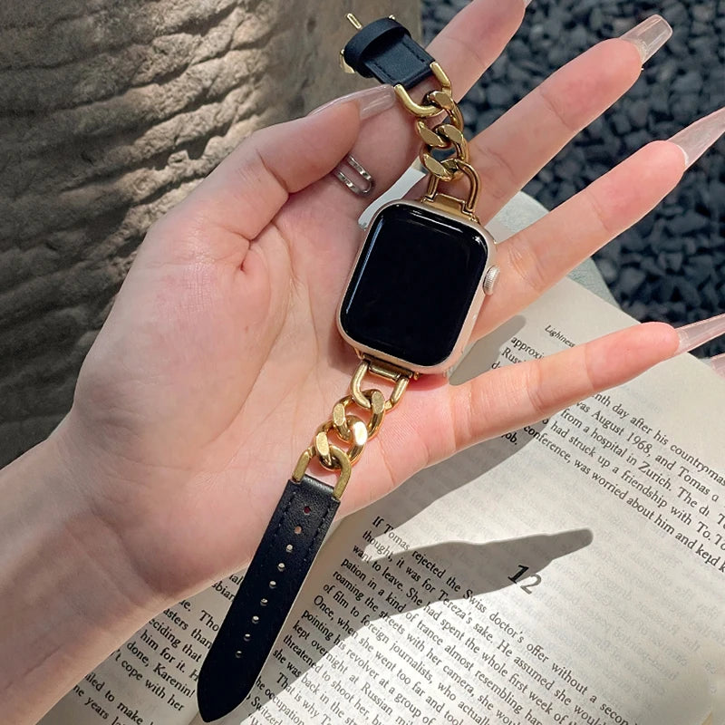 Leather band for Apple Watch 10 band 46mm 42mm 44mm 40mm 41mm 45mm Women Stainless Steel band Apple Watch Series 9 8 SE 7 6 Belt