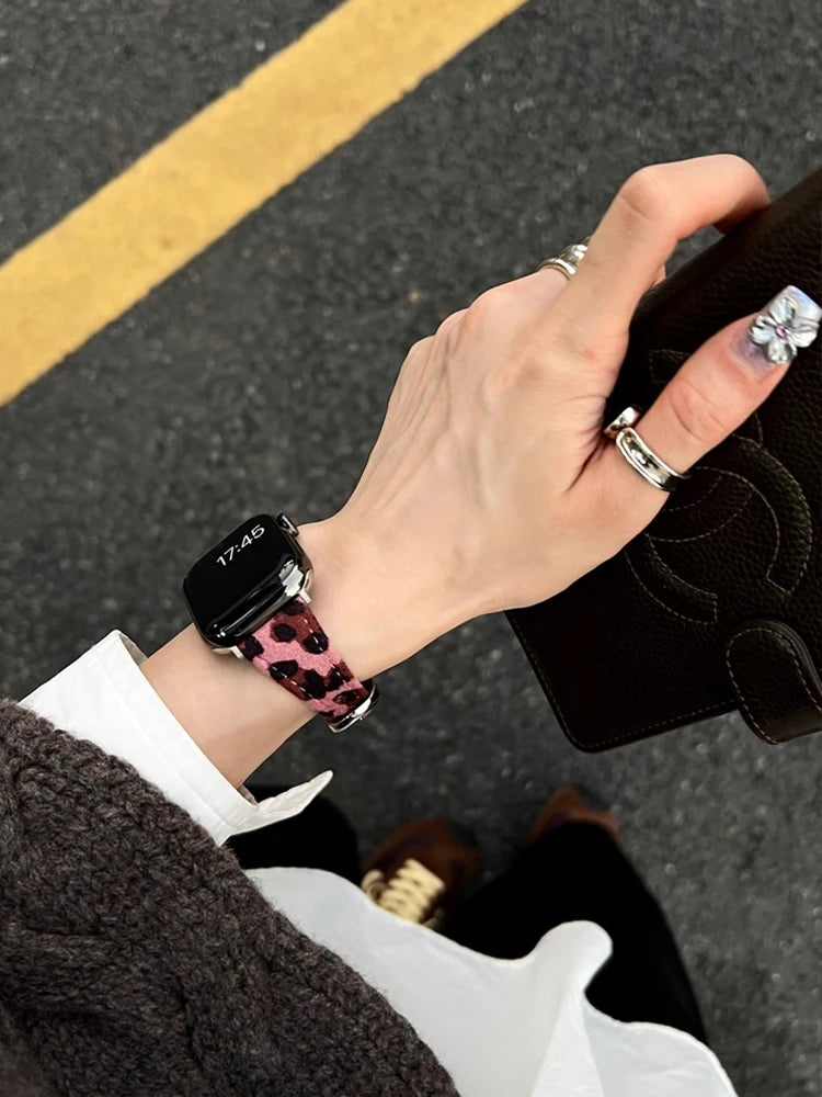Retro Leather Leopard band For Apple Watch Ultra 10 9 8 7 6 5 SE 4 Girl Slim band For Apple Watch 41mm 40mm 38mm 49mm 42mm 45mm 46mm