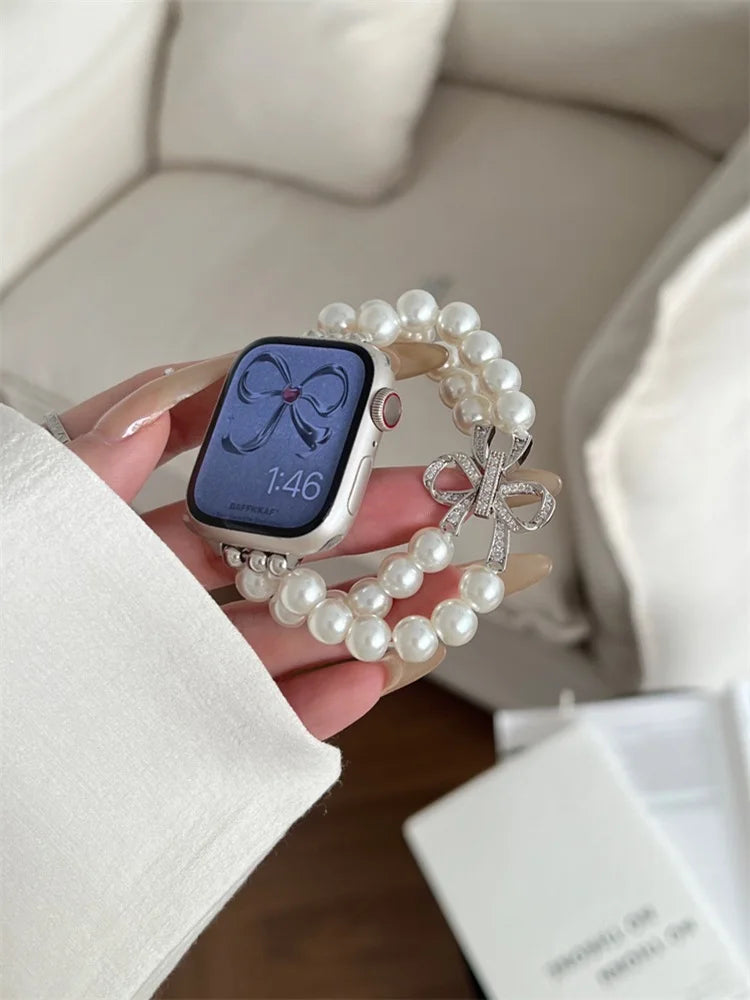 Luxury Diamond Bow band For Apple Watch Ultra Series 9 8 7 42mm 45mm 49mm Pearl Women band For Apple Watch 38mm 40mm 41mm 6 5 SE 4