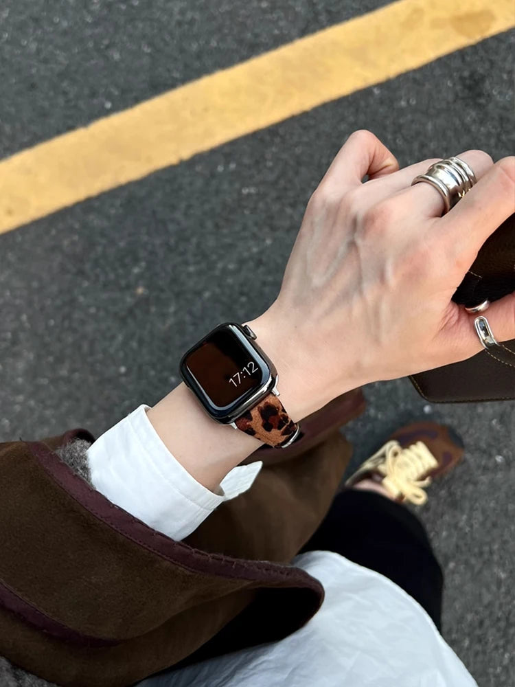 Retro Leather Leopard band For Apple Watch Ultra 10 9 8 7 6 5 SE 4 Girl Slim band For Apple Watch 41mm 40mm 38mm 49mm 42mm 45mm 46mm