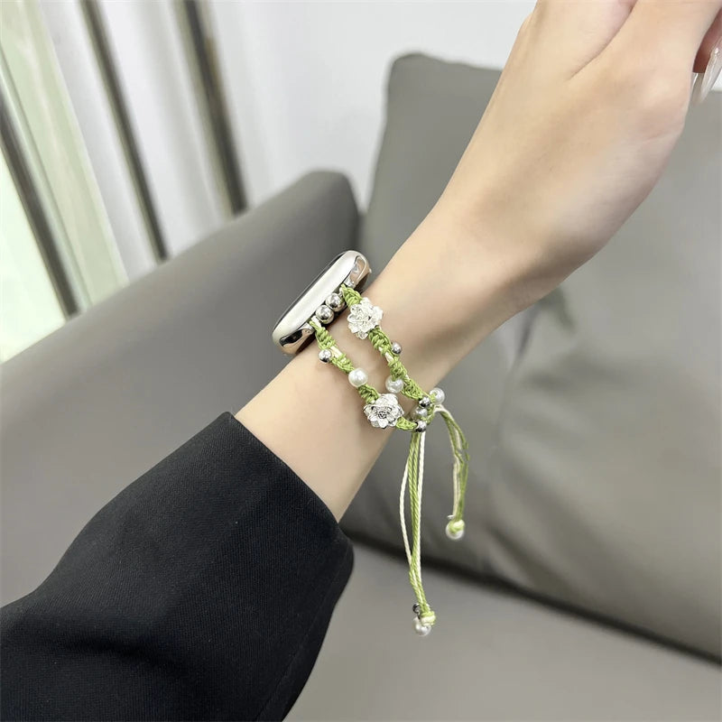 Ins Pearl Flowers band For Apple Watch Series 9 8 7 6 SE 4 5 45mm 44mm 42mm Woven Nylon band Apple Watch Ultra 2 49mm 40mm 38mm Woman