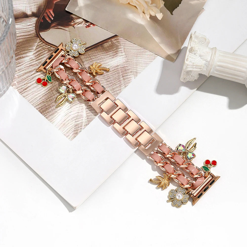 Stylish metal Charms Watch band Compatible with Apple Watch band 38mm 40mm 41mm 42mm 44mm 45mm 49mm Replacement band with Unique Pendants