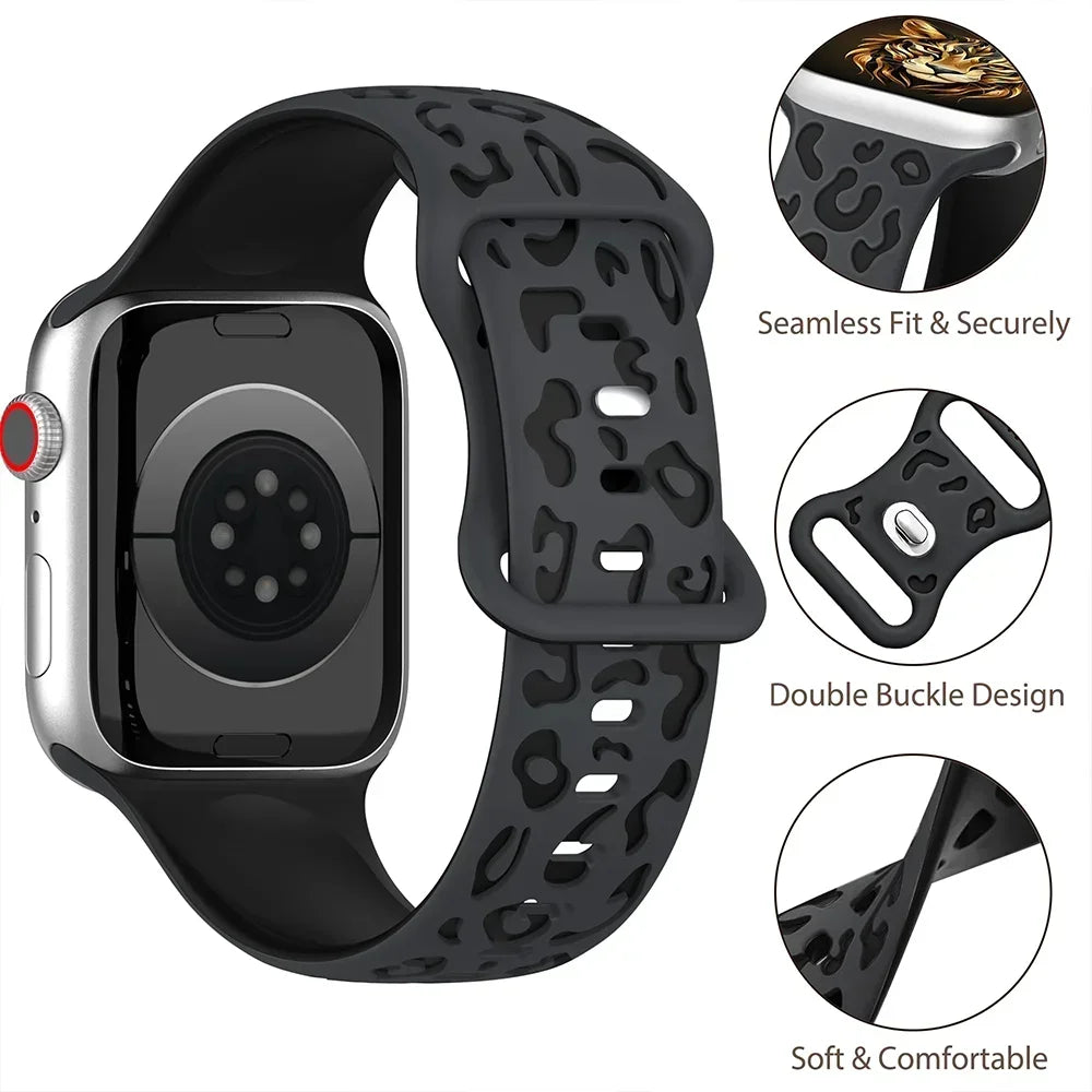 Engraved band For Apple Watch Ultra 3 2 1 49mm 41mm 45mm 40mm 44mm 42mm 46mm Silicone Leopard band Series 11 10 9 8 7 6 5 4 band
