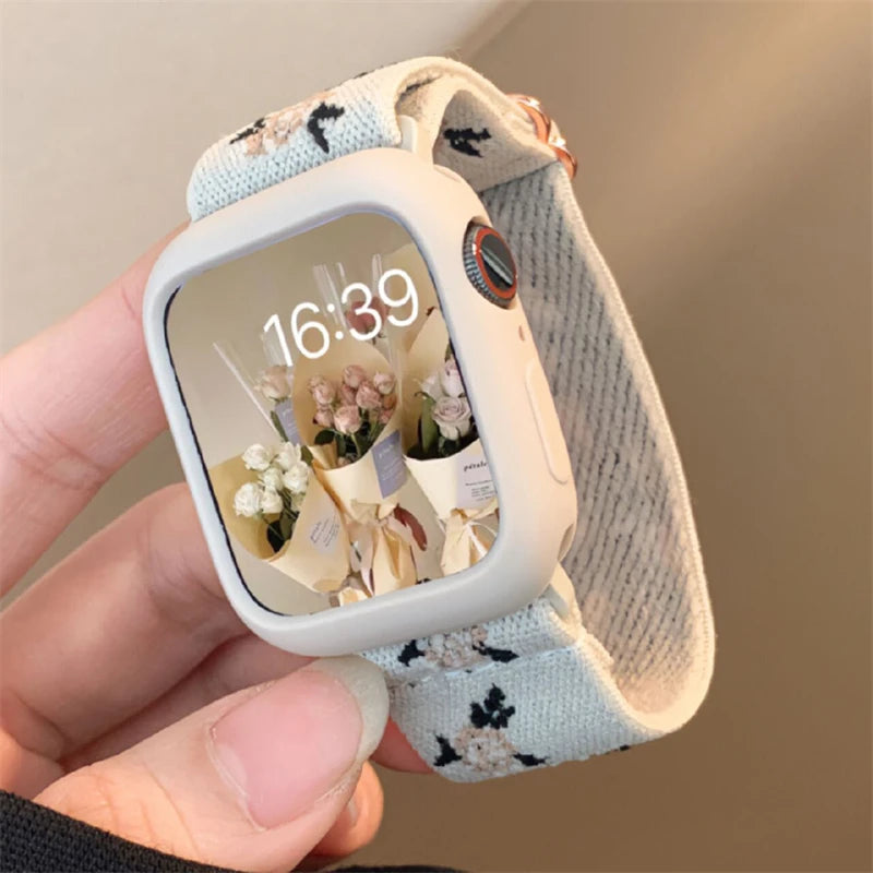 Retro Flower band+Case For Apple Watch band 49mm 40mm 44mm 45mm 41mm 38mm 42mm Elastic Nylon band For Apple Watch Serie 3 4 5 6 SE 7 8
