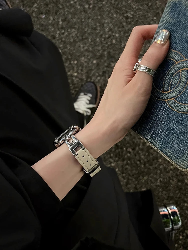 Luxury Leather band For Apple Watch Ultra 10 9 8 7 6 SE 5 4 Slim metal band For Apple Watch 38mm 40mm 42mm 44mm 45mm 46mm 49mm