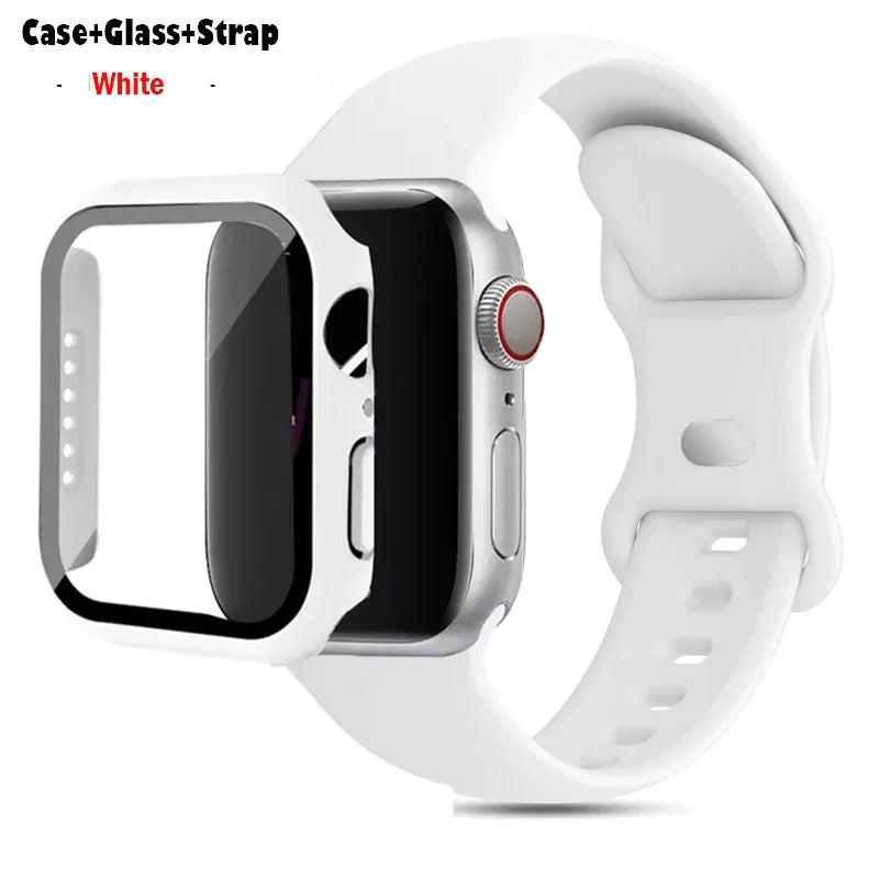 Glass+Case+band For Apple Watch band 44mm 40mm 45mm 41mm 38mm 42mm 44mm sport Silicone band Apple Watch Series 9 8 7 6 5 4 SE