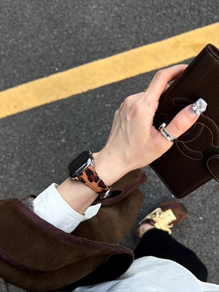 Retro Leather Leopard band For Apple Watch Ultra 10 9 8 7 6 5 SE 4 Girl Slim band For Apple Watch 41mm 40mm 38mm 49mm 42mm 45mm 46mm