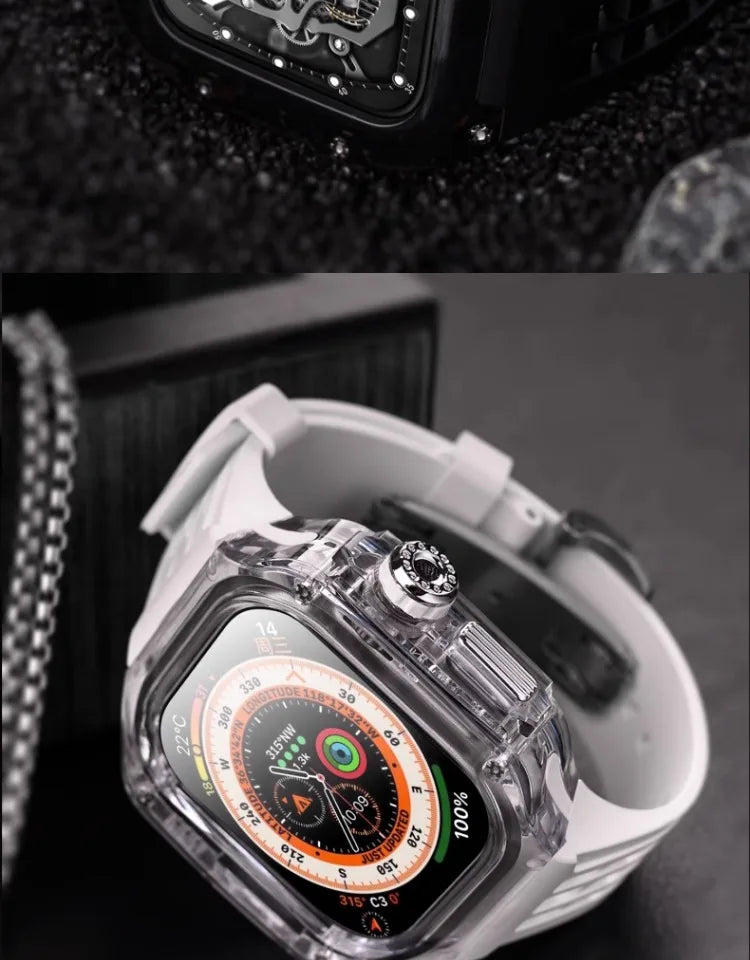 Transparent Luxury Case for Apple Watch Ultra 49mm 45mm 44mm , Stainless Steel Buckle band for Apple Watch 8 7 6 5 4 DIY Modification