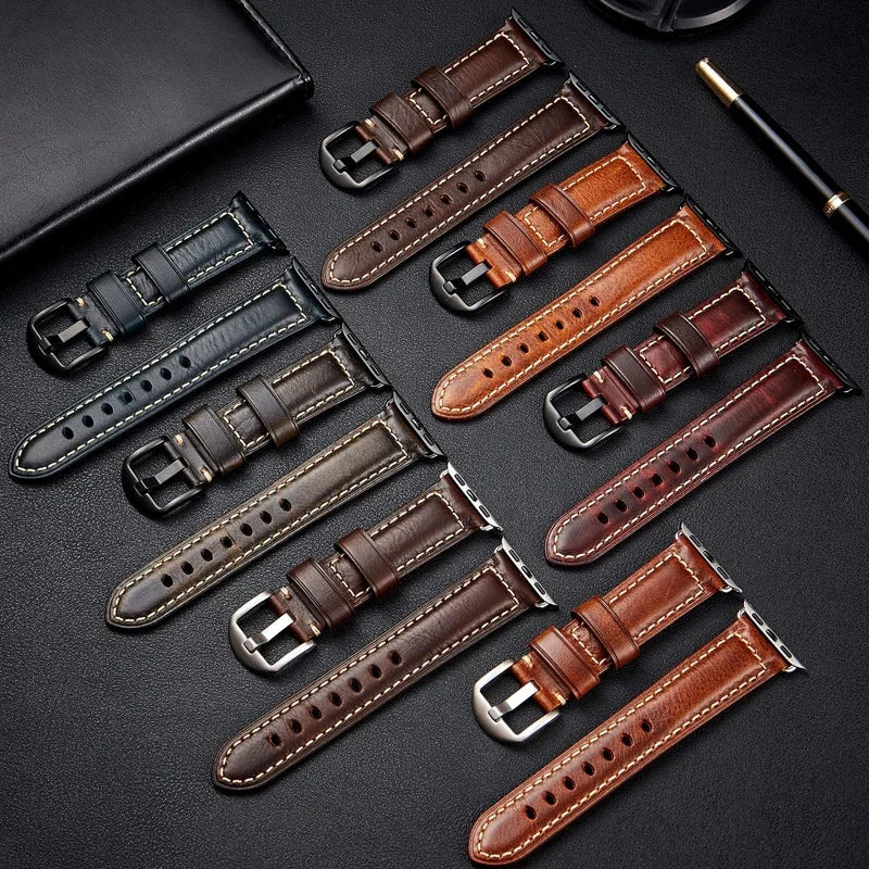 Vintage Cow Leather Watch band for Apple Watch band for Series 9 8 Ultra 2 49mm 45mm 44mm 41mm 42mm 40mm Leather band for Apple