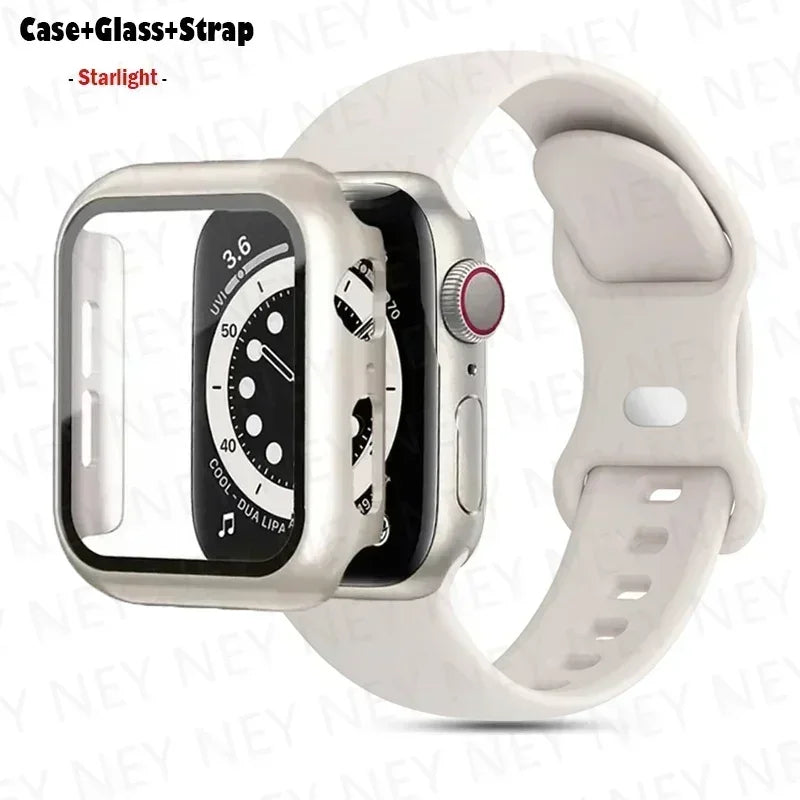 Glass+Case+band For Apple Watch band 41mm 44mm 38mm 42mm 45mm 40mm Silicone band Apple Watch serises 9 8 3 4 5 6 SE 7 watchbands