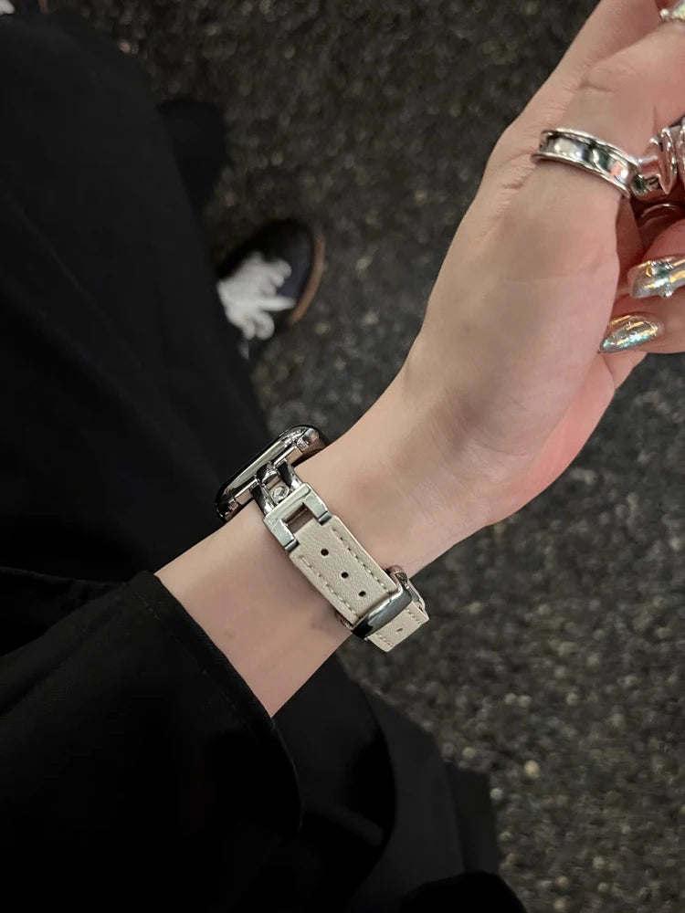 Luxury Leather band For Apple Watch Ultra 10 9 8 7 6 SE 5 4 Slim metal band For Apple Watch 38mm 40mm 42mm 44mm 45mm 46mm 49mm