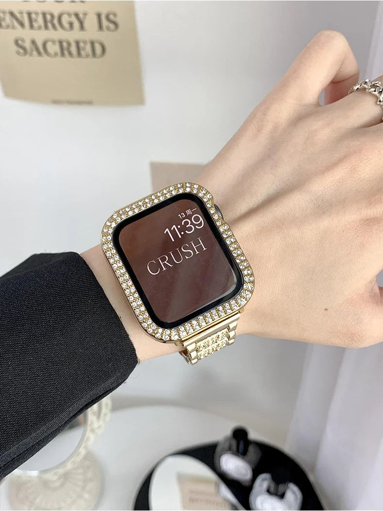 Diamond case+band For Apple Watch band 45mm 40mm 44mm 41mm 38mm 42mm 44mm metal Belt Apple Watch Series 9 8 7 SE 6 5 Women band