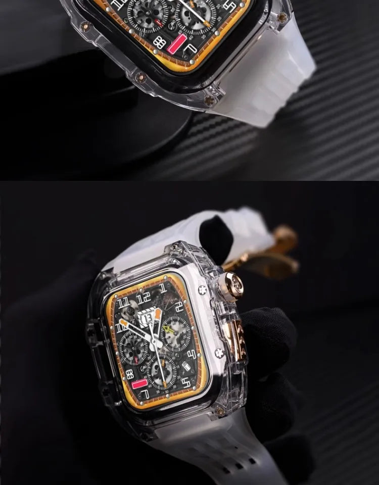 Transparent Luxury Case for Apple Watch Ultra 49mm 45mm 44mm , Stainless Steel Buckle band for Apple Watch 8 7 6 5 4 DIY Modification