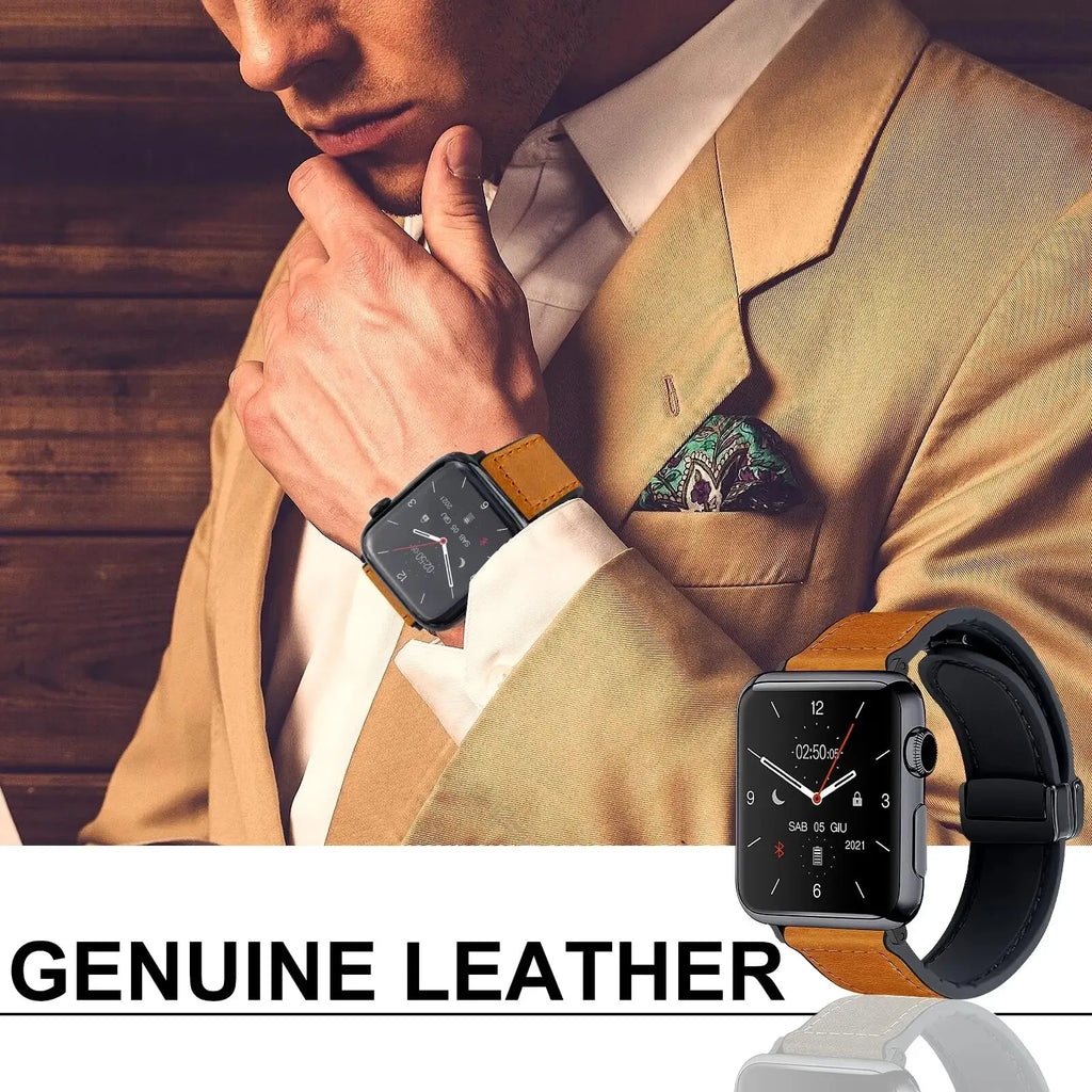 Magnetic band for Apple Watch band 44mm 40mm 45mm 41mm Genuine Leather+silicone band Apple Watch Series 10 9 8 7 SE Ultra 2 49mm