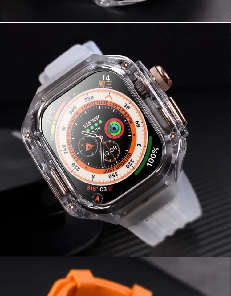 Transparent Luxury Case for Apple Watch Ultra 49mm 45mm 44mm , Stainless Steel Buckle band for Apple Watch 8 7 6 5 4 DIY Modification