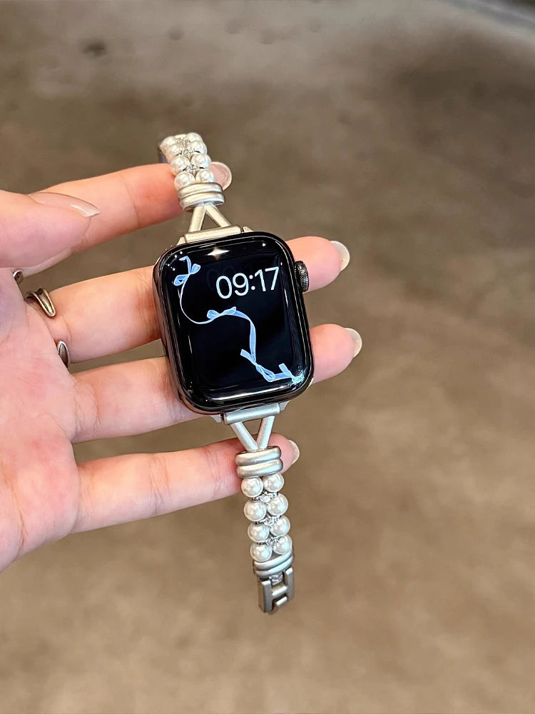 Luxury Pearl band For Apple Watch Ultra 10 9 8 7 6 5 4 Glossy metal band For Apple Watch 40mm 41mm 42mm 44mm 45mm 46mm 49mm