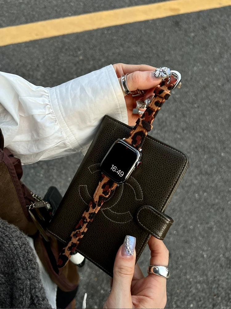 Retro Leather Leopard band For Apple Watch Ultra 10 9 8 7 6 5 SE 4 Girl Slim band For Apple Watch 41mm 40mm 38mm 49mm 42mm 45mm 46mm