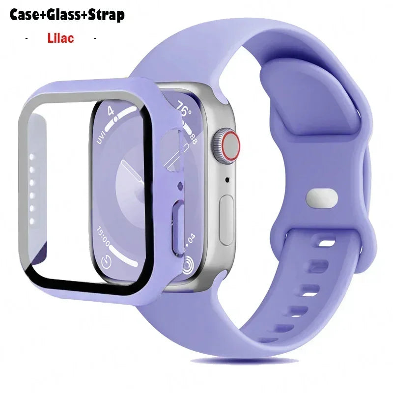 Glass+Case+watchbands For Apple Watch band 44mm 41mm 45mm 40mm 38mm 42mm Silicone band Apple Watch serises 9 8 4 5 6 SE 7 band