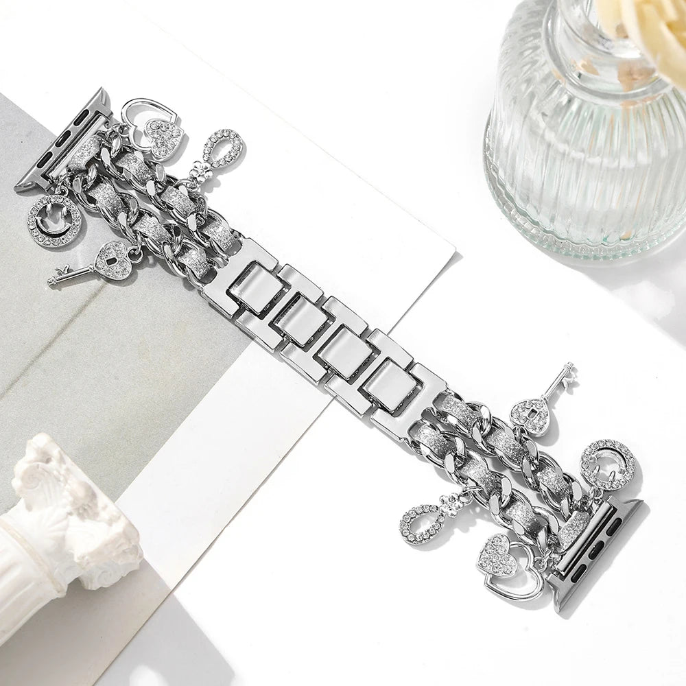 Stylish metal Charms Watch band Compatible with Apple Watch band 38mm 40mm 41mm 42mm 44mm 45mm 49mm Replacement band with Unique Pendants