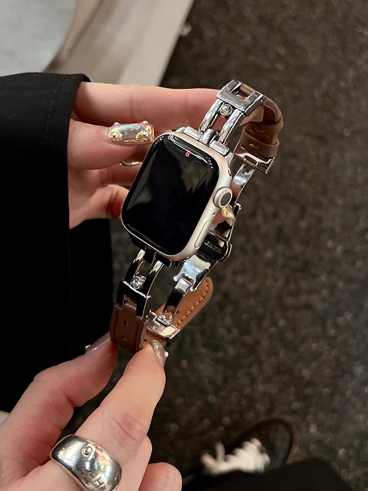 Luxury Leather band For Apple Watch Ultra 10 9 8 7 6 SE 5 4 Slim metal band For Apple Watch 38mm 40mm 42mm 44mm 45mm 46mm 49mm