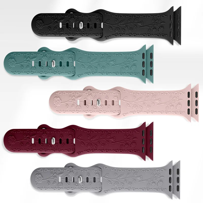 Flower Engraved band For Apple Watch band 44mm 45mm 41mm 40mm 49mm 46mm 42mm band Apple Watch Series 11 10 SE 9 8 7 6 5 Ultra 2