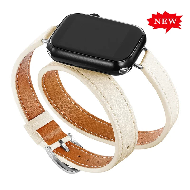 Double loop Slim Leather band for Apple Watch band Ultra 2 49mm Series 10 46mm 41mm 42mm 44mm 45mm band for Apple Watch 9 8 7 6 SE 5 4