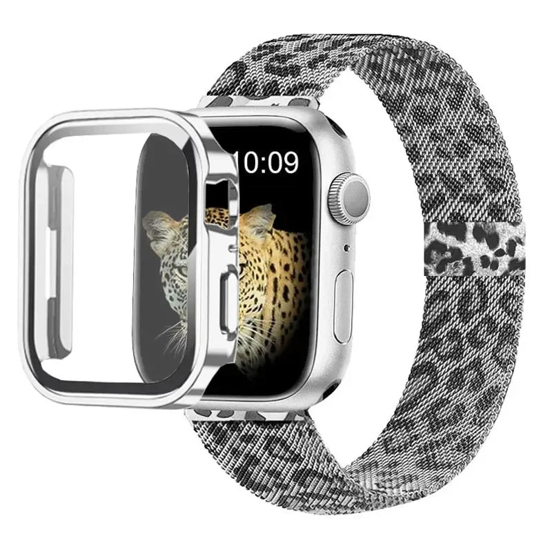 Milanese Loop band For Apple Watch Ultra 49mm band 44mm 40mm 41mm 45mm Gold Silver Leopard band +Case Apple Watch 9 8 7 6 5 4 3 SE